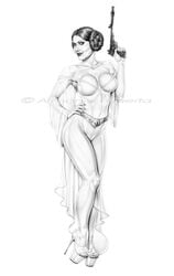 1girls a_new_hope actress armando_huerta black_and_white carrie_fisher celebrity cleavage female female_only monochrome princess_leia_organa solo star_wars tagme watermark