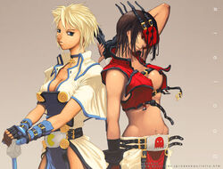 2girls black_hair blonde_hair blue_eyes breasts cleavage clothes color dark_hair female female_only ghost gloves guilty_gear hair human ky_kiske looking_at_viewer midriff multiple_girls naughty_face nekkeau open_eyes pac-man red_eyes rule_63 short_hair sideboob sol_badgal sol_badguy standing tan_skin