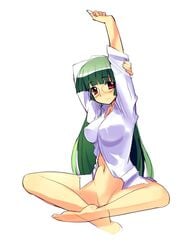 blush bottomless clothing glasses green_hair long_hair no_panties pani_poni_dash! pussy red_eyes rei_tachibana shirt sikorsky sitting sleeves_pushed_up solo stretch tachibana_rei