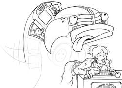 clothing female from_behind human living_vehicle machine monochrome ms._frizzle school_bus sketch the_bus the_magic_school_bus vehicle work_in_progress