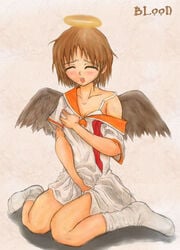 angel bra bra_strap brown_hair clothed_masturbation clothing dress eyes_closed grabbing_own_breast haibane haibane_renmei halo kneeling masturbation open_mouth rakka short_hair socks white_bra wings