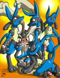all_fours anthro barefoot blue_fur brown_fur color cum double_fellatio erection fangs fellatio frontierbrain fur furry furry_ears handjob insertion interspecies kneeling long_ears lopunny lucario male male_lopunny male_only multiple_fellatio multiple_insertions multiple_males nude open_eyes open_mouth oral oral_insertion oral_sex penis pointy_ears pokemon pokemon_(species) red_eyes spike standing sucking yaoi