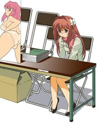 1girls a1 ass bikini blue_eyes blush bow box braid cardboard_box chagrin chair convention doujinshi embarrassed hairbow jpeg_artifacts kimi_ga_nozomu_eien long_hair manga_(object) pink_hair red_hair side_braid sitting solo suzumiya_haruka swimsuit table translated