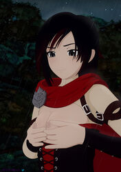 black_eyes black_hair breasts female flashing necromalock nipples outdoors red_hair ruby_rose rwby silver_eyes tagme