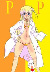 bikini blonde_hair blue_eyes book clitoris_slip clothing female flat_chest hair_ornament hairclip hand_on_hip labcoat long_hair lowleg lowleg_bikini mesousa navel open_clothes open_coat pani_poni_dash pani_poni_dash! rebecca_miyamoto solo swimsuit