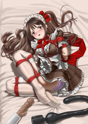 1girls arms_tied_behind_back breasts clothing female female_focus female_only fleda idolmaster idolmaster_cinderella_girls legs_tied maid maid_headdress maid_uniform medium_breasts panties pantyshot pink_panties rope rope_between_breasts rope_bondage sex_toy shimamura_uzuki stockings tagme vibrator video_games