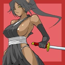 1girls areolae black_hair bleach breasts dark-skinned_female dark_skin female female_only gloves katana nipple_slip nipples ponytail shihouin_yoruichi sideboob solo sword tied_hair weapon yellow_eyes yukiguni_eringi