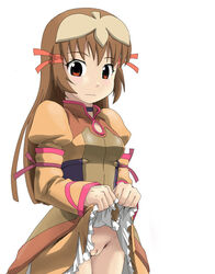 1girls artist_request breasts brown_eyes brown_hair dress female hair_ribbon human light-skinned_female light_skin long_hair no_panties pussy re_mii ribbon skirt skirt_lift solo zoids zoids_genesis