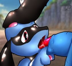 anthro blue_fur color day fellatio fur furry hand_on_head interspecies lucario male male_only multiple_males open_eyes open_mouth oral outdoors penis pokemon pokemon_(species) red_eyes riolu saliva size_difference stormdragonblue yaoi