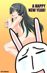 beer black_hair blush breasts bunny can censored fountain's_square glasses hagiya_masakage large_breasts long_hair looking_back mesousa new_year nude pani_poni_dash! red_eyes rei_tachibana sideboob smile tachibana_rei tears