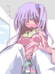 blush clothing hoodie kashiwagi_yuuma lowres panchira_sit pani_poni_dash pani_poni_dash! panties pantyshot pantyshot_(sitting) pantyshot_sitting purple_hair sitting solo stockings thighhighs underwear white_legwear white_panties white_thighhighs wink yuma_kashiwagi