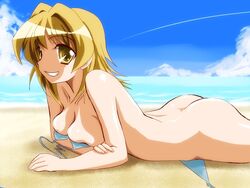 1girls ass beach female hyper_eyes kurumi_momose medium_breasts momose_kurumi nude pani_poni_dash pani_poni_dash! solo swimsuit