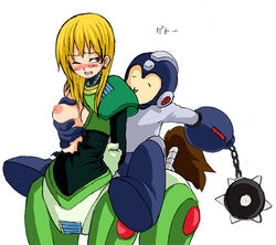 blush breast_grab breasts capcom centaur_man lowres mace mega_man mega_man(classic) mega_man_(character) mega_man_6 nipples one_breast_out red_eyes rule_63 tears weapon