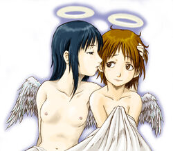 2girls angel bed_sheet biting black_hair breasts brown_eyes brown_hair ear_biting female haibane haibane_renmei halo lowres multiple_girls rakka reki sheets small_breasts static_cling under_covers wings yuri