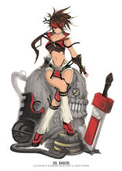 alpha_g belt belts brown_hair character_name clothes color female female_only front_view gloves guilty_gear hair high_heels human long_hair midriff platform_footwear platforms rule_63 shoes sitting sol_badgal sol_badguy solo sword torn_clothes uncensored weapon white_background