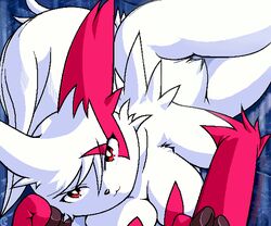 anthro black_nose breasts closed_mouth color female female_only fur furry furry_breasts furry_ears furry_only furry_tail g-sun looking_at_viewer nude open_eyes pink_fur pointy_ears pokemon pokemon_(species) red_eyes solo tagme tail white_fur zangoose