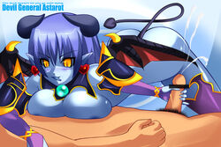 astaroth astaroth_(shinrabanshou) black_sclera blue_skin breasts censored cum female handjob horns large_breasts male male/female penis pubic_hair shinrabanshou solo_focus stockings thighhighs