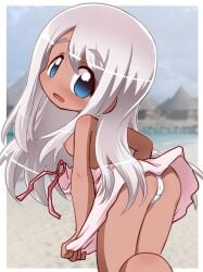 ass beach bent_over blue_eyes blush breasts bridge clothes_pull cloud dark_skin dress dress_pull female from_behind house ikkyuu long_hair looking_back nipples ocean open_mouth panties pink_dress sand sky sleeveless sleeveless_dress small_breasts underwear undressing water white_hair white_panties