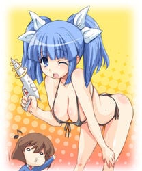 bent_over bikini blue_eyes blue_hair breasts brown_hair cleavage erect_nipples fountain's_square front-tie_top hagiya_masakage hair_ribbon ichijou large_breasts micro_bikini musical_note o3o o_o pani_poni_dash pani_poni_dash! polka_dot ray_gun ribbon rokugou-san sayaka_suzuki side-tie_bikini suzuki_sayaka swimsuit thong_bikini tied_hair twintails weapon wink