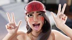 1girls 3d blender blurry_background blush brown_eyes brown_hair cum cum_on_face eyes_looking_up female female_only fortnite fortnite:_battle_royale glasses hat hi_res m0nk3y naked necklace no_bra peace_sign red_nail_polish red_nails ruby_(fortnite) tongue_out wet wet_body wet_skin white_body