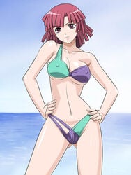 1girls ass_visible_through_thighs beach bikini breasts cowboy_shot erect_nipples female hands_on_hips human large_breasts leena_toros light-skinned_female light_skin long_hair looking_at_viewer purple_eyes red_hair short_hair slender_waist solo swimsuit underboob water wide_hips zoids zoids_new_century