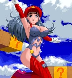 armsleeves breasts cleavage erect_nipples female female_only grey_hair hat huge_breasts jumping large_breasts leotard long_hair mario_(cosplay) mario_(series) masao nintendo nipple_bulge panties question_block rule_63 sky straight_hair super_mario_bros. super_mario_bros._(nes) thighhighs