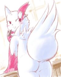 anthro ass back_view blush claws color female female_only fur furry furry_ass furry_only furry_tail g-sun looking_back nude open_eyes pokémon_(species) pokemon pokemon_(species) raised_tail red_eyes red_fur solo tagme tail white_fur zangoose