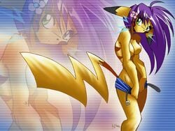 anthro breasts chalo color exposed_breasts female female_only female_pikachu fur furry furry_breasts furry_only nintendo pikachu pokemon purple_hair san_renard solo yellow_fur