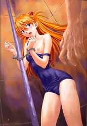 asuka_langley_sohryu bare_shoulders blue_eyes blush bondage breast_slip breasts cuffs female hair hair_ornament handcuffs human imminent_rape izurumi long_hair neon_genesis_evangelion nipples one-piece_swimsuit one_breast_out open_mouth orange_hair page_5 pole school_swimsuit small_breasts strap_slip swimsuit swimsuit_pull tied_hair twintails undressing