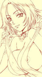 1girls bleach breasts female female_only hanzaki_jiro hanzaki_jirou high_resolution monochrome nipple_slip nipples pointy_chin ribbon shihouin_yoruichi short_hair solo