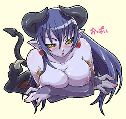 arms_crossed_under_breasts astaroth astaroth_(shinrabanshou) black_sclera blue_hair blue_skin blush breasts crossed_arms demon_girl demon_horns demon_tail demon_wings female_only haganemaru_kennosuke horns large_breasts oekaki pointy_ears purple_nipples shinrabanshou solo solo_female tail translation_request upper_body wings