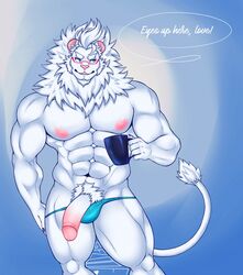 anthro big_muscles body_hair clothed clothing cup eyewear feline glasses grumpyfloof hi_res humanoid_penis lion looking_aside male male_only mammal mane muscular muscular_male partially_clothed penis pubes smile solo speech_bubble thong white_lion