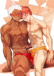 2boys abs archer_(fate) blush clenched_teeth cum emiya_shirou erection fate_(series) frottage gay human looking_at_viewer male multiple_boys muscle nipples pecs penis selfcest sitting size_difference steam straddling sweat tagme teeth topless underwear yaoi