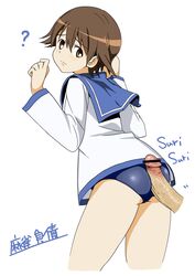 1girls blush censored clothing miyafuji_yoshika one-piece_swimsuit penis penis_on_ass strike_witches swimsuit world_witches_series