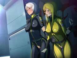 2010s 2girls akira_yamamoto blonde_hair blush bodysuit breasts cheating curvaceous dark-skinned_female dark_skin duo_focus female human large_breasts light-skinned_female light_skin long_hair male netorare pink_doragon pubic_hair pussy sex short_hair space_battleship_yamato space_battleship_yamato_2199 spacecraft yuki_mori