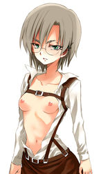 attack_on_titan glasses green_eyes grey_hair no_bra open_clothes open_shirt rico_brzenska shirt tagme