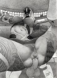 alien anal anal_sex breasts clitoris female from_behind large_breasts male mask mass_effect monochrome navel nipples penis prolapse pussy quarian sex tabusa tali'zorah_nar_rayya thigh_boots