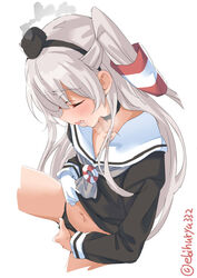 amatsukaze_(kantai_collection) black_panties blush breasts breath brown_dress choker closed_eyes dress dress_lift ebifurya female fingering from_above gloves hair_tubes heavy_breathing highres kantai_collection lifted_by_self long_hair masturbation nose_blush open_mouth panties panties_aside pussy sailor_dress saliva short_dress silver_hair single_glove small_breasts spread_legs striped sweat thighs two_side_up underwear white_gloves windsock