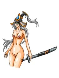 2013 armor beige_skin breasts color female female_only front_view green_eyes grey_hair hair helmet junas league_of_legends long_hair looking_at_viewer master_yi nipples nude open_eyes pussy rule_63 standing sword vulva weapon