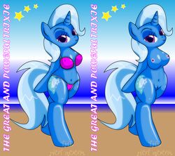 anthro anthrofied beach bikini blue_fur breasts cameltoe color cutie_mark day dekomaru equine eyeshadow friendship_is_magic horn horse looking_at_viewer makeup my_little_pony navel nipples nude outdoors pony pose purple_eyes pussy sea seaside skimpy smile standing stars swimsuit text thehotroom trixie_(mlp) two_tone_hair unicorn water wide_hips