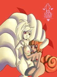 anthro breasts female female_only fur furry_tail gokai-chibi interspecies multiple_females multiple_girls multiple_tails ninetales nintendo nipples nude pokemon pokemon_(species) raised_tail tagme tail tongue tongue_out vulpix