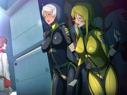 2010s 2girls akira_yamamoto blonde_hair blush bodysuit breasts cheating curvaceous dark-skinned_female dark_skin duo_focus female human large_breasts light-skinned_female light_skin long_hair male netorare pink_doragon pubic_hair pussy sex short_hair space_battleship_yamato space_battleship_yamato_2199 spacecraft yuki_mori