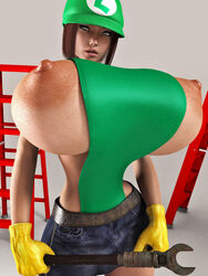 1girls 3d areola asian bimbo blue_eyes breasts brown_hair busty clothes color denim_skirt eyeshadow female female_only gigantic_breasts gloves hair hat heather_effect human jean_skirt ladder lipstick looking_at_viewer luigi makeup mario_(series) nipples open_eyes overalls plumber rule_63 skirt solo voluptuous wrench