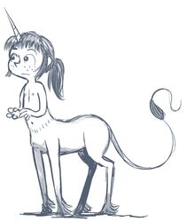 drawn female flat_chest freckles heavenly_nostrils horn monochrome phoebe ponytail solo taur webcomic