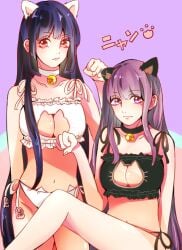 2girls alternate_costume bell_collar big_breasts black_bra black_panties bra cat_ears cat_lingerie catgirl cleavage cleavage_cutout collar dark_hair female female_only gintama hime_cut imai_nobume lingerie long_hair looking_at_viewer mole_under_eye panties purple_hair red_eyes sarutobi_ayame smile white_bra white_panties