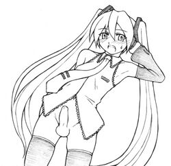 balls blush cosplay crossdressing detached_sleeves eyebrows_visible_through_hair female hatsune_miku headphones line_art no_color no_panties penis riuichi standing tagme testicles tie vocaloid white_background
