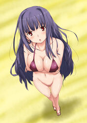 arms_under_breasts big_breasts bikini bikini_top black_hair blush blushing blushing_at_viewer bottomless bottomless_female breast_hold breast_rest cleavage crossed_arms edit female_only from_above large_breasts long_hair looking_at_viewer nipple_bulge open_mouth papa_no_iukoto_wo_kikinasai! purple_hair pussy red_eyes sandals simple_background solo_female viewed_from_above yellow_background