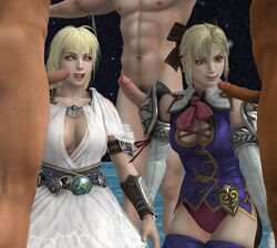 2girls 3boys 3d blonde_hair cassandra_alexandra cleavage_cutout dress faceless_male female human leotard long_hair male milf penis ratounador shoulder_pads sisters sophitia_alexandra soul_calibur straight xnalara