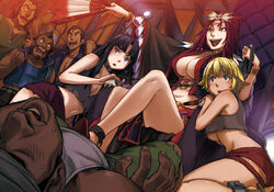 3girls 5boys ankle_cuffs bad_teeth bare_arms bare_legs bare_midriff bare_shoulders bare_thighs beaded_necklace beard belly_button belt black_cloak black_eyes black_robe blonde_hair blue_gem blue_gemstone blue_jacket blue_shirt blush blush_lines bone_necklace bracelets brown_crop_top brown_hair brown_skin chain chain_leash chained chained_ankles chained_collar chained_up chains cleavage cloak collar crop_top dark_skin fan feather_headdress feather_in_hair feathers feathers_in_hair female femdom femsub gem gemstone gold_bracelets gold_collar gold_rings golden_bracelets golden_collar golden_rings gray_croptop green_eyes green_shirt hand_fan headdress inner_sideboob leash leash_and_collar leashed_collar leashed_female light-skinned light-skinned_female light_skin lipstick loincloth long_fingernails long_hair male master_and_pet master_and_slave metal_belt midriff mouth_open multiple_boys multiple_girls navel necklace paraem_(suisei_no_gargantia) parinuri_(suisei_no_gargantia) pink_shorts pirate pirates purple_eyes purple_hair purple_jacket purple_loincloth rackage_(suisei_no_gargantia) rags red_bracelet red_lipstick red_ring red_shoes red_shorts rings robe shirt shoes short_hair short_shorts skull skull_mask slave slave_collar slave_outfit slavegirl suisei_no_gargantia sweat sweatdrop tan_skin throne throne_room underboob white_skin