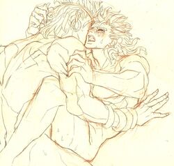 2boys against_wall anal anal_insertion anal_penetration battle_tendency blush blushed blushing bracelet bracelets crying ear_ring earrings gay grabbing_arm hand_against_wall hand_on_head hands_behind_head jojo's_bizarre_adventure legs_around_partner legs_around_partner's_hips legs_around_waist legs_spread long_hair looking_pleasured looking_up male male/male male_only male_penetrating missionary_position moribayashi_eiji muscle muscles muscular muscular_male open_mouth santana tagme tear tears wamuu